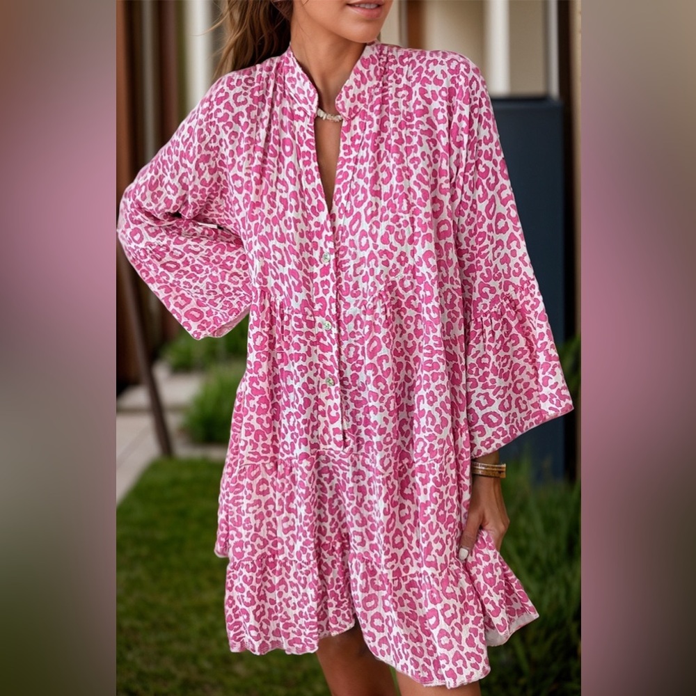 Leopard Notched Long Sleeve Mini Dress